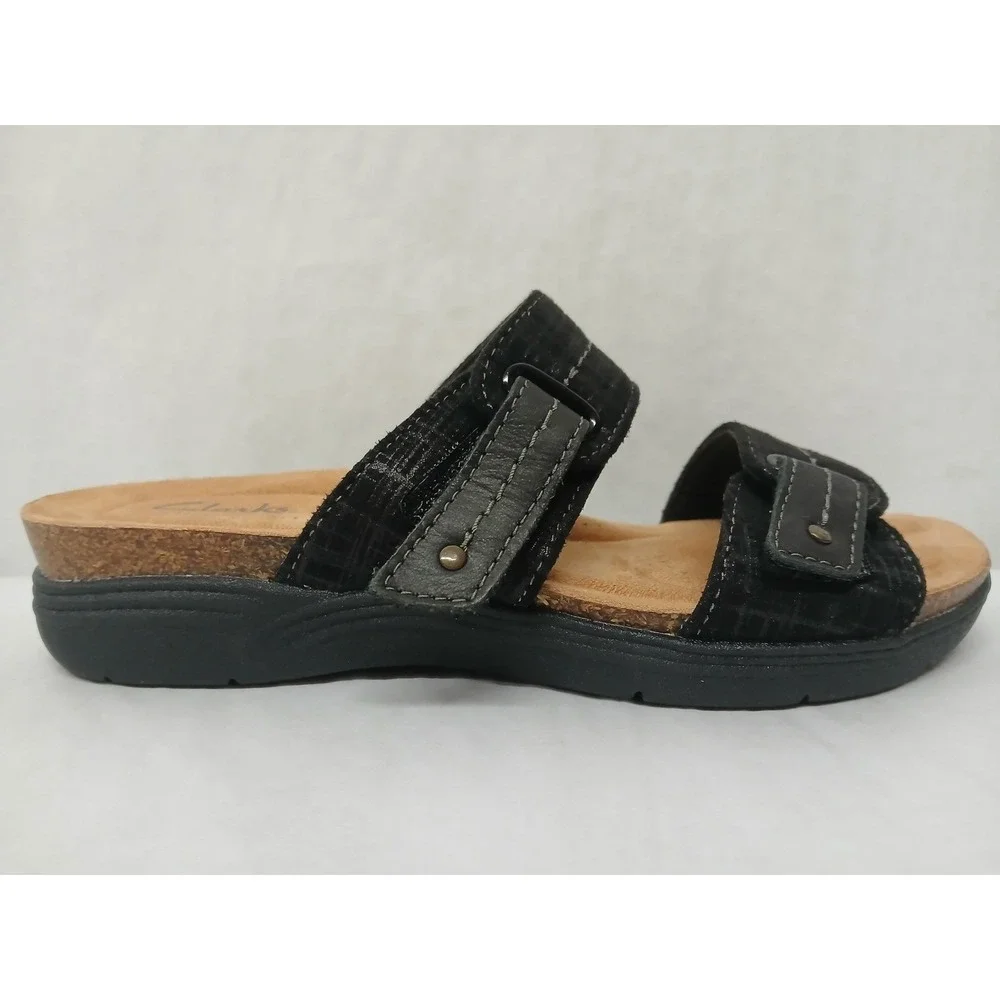 Clarks Women's April‎ Dusk Black Leather Adjustable Sandals 26172318 Sz 7